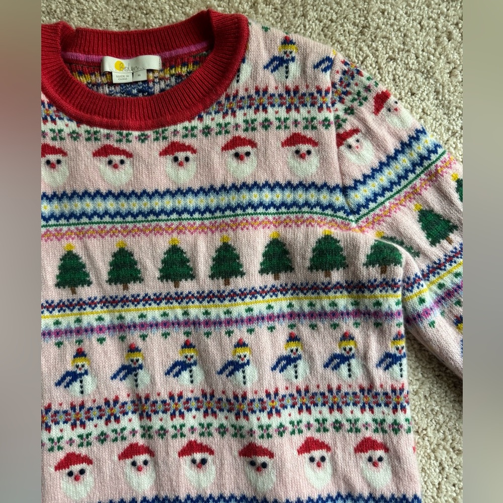 Boden Pink Fair Isle Santa Tree Skiers Women’s Holiday Sweater Size Medium, EUC - Picture 6 of 11